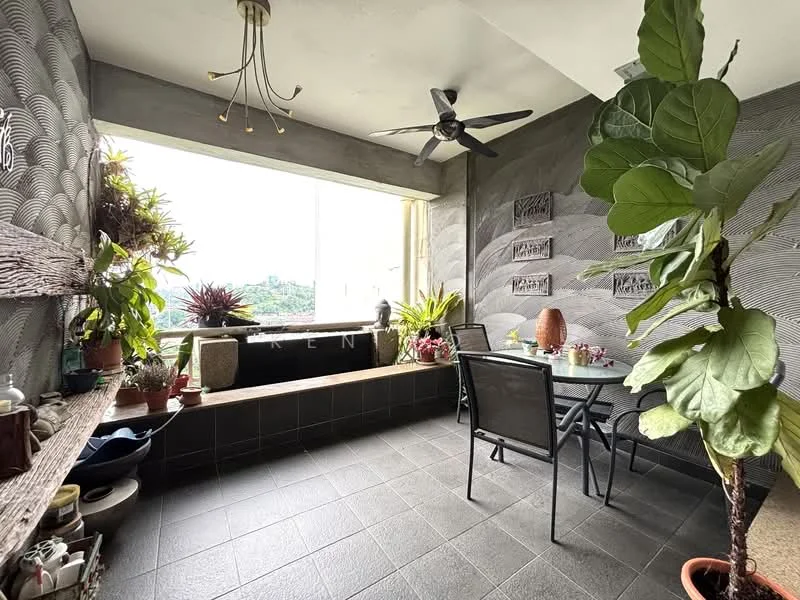 Balcony features: floor-to-ceiling windows, 5-blade ceiling fan, grey tile flooring, decorative wall with wave pattern, potted plants, outdoor dining table with chairs, built-in bench with cushions, decorative items on shelves; style: modern; view: city.