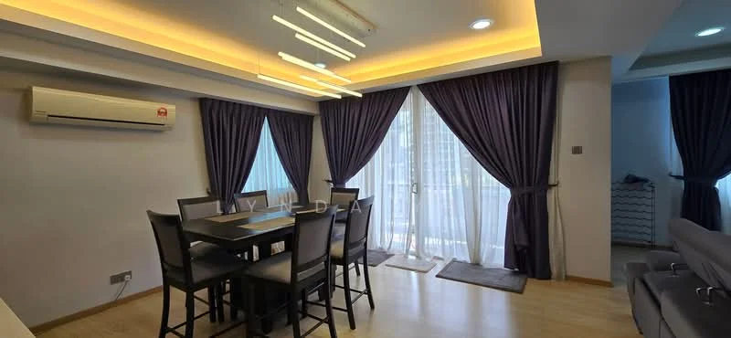 Dining features: 6-seater dining table, black dining chairs, floor-to-ceiling windows, sheer curtains, dark purple curtains, recessed LED downlights, wall-mounted split AC, wooden flooring, decorative ceiling with LED lighting; style: modern.