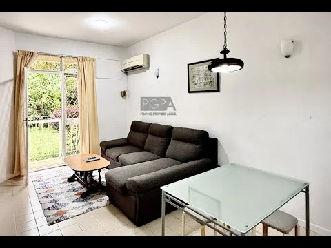 Living features: 3-seater fabric sofa in grey, coffee table, dining table with glass top, area rug with geometric pattern, floor-to-ceiling windows, curtains, wall-mounted air conditioning unit, wall sconce lighting, decorative wall art; style: modern; view: garden.
