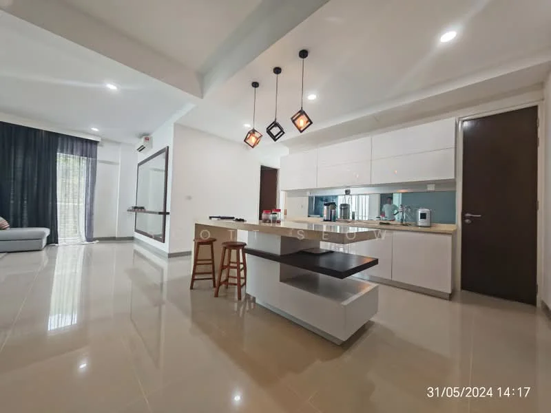 Kitchen features: white cabinetry, marble countertop, island with seating, stainless-steel appliances, built-in oven, microwave, recessed downlights, pendant lighting, ceramic tile flooring, open layout, floor-to-ceiling windows, sliding glass door; style: modern; view: garden. Living features: grey fabric sofa, coffee table, area rug, curtains, ceramic tile flooring; style: modern; view: garden.
