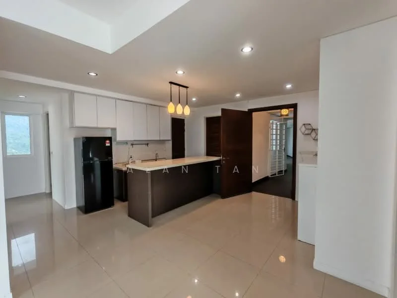 Kitchen features: white cabinetry, black countertop, stainless-steel fridge, built-in oven, pendant lighting, ceramic tile flooring, double-bowl sink, chrome pull-down faucet, open layout, island with seating, wall-mounted cabinets, window with view, recessed lighting; style: modern; view: city.