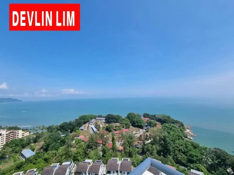Exterior features: sea view, coastal landscape, surrounded by greenery, residential buildings in the foreground, clear blue sky, hills in the background; style: modern.