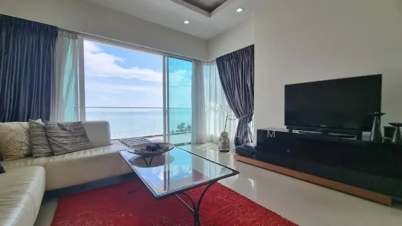 Living features: white leather sofa, glass coffee table, red area rug, floor-to-ceiling windows, curtains in dark grey, TV console in black, wall-mounted TV, recessed ceiling lights, decorative vase, view of the sea; style: modern; view: sea.