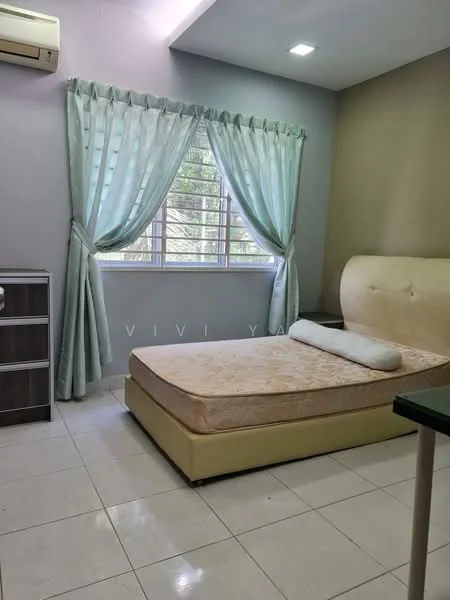 Bedroom features: queen-size bed, upholstered headboard, light green curtains, floor-to-ceiling window, white tiled flooring, 1 wall-mounted split AC, built-in wardrobe, decorative pillow; style: modern; view: garden.