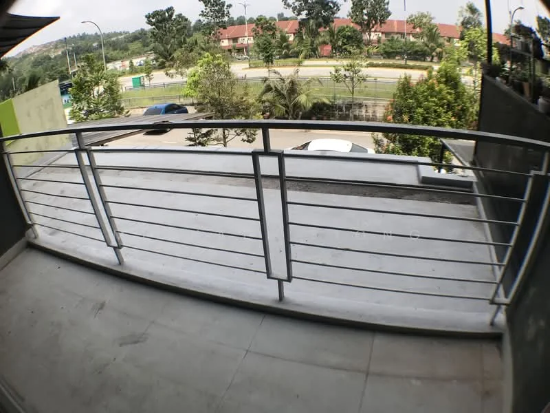 Room features: concrete flooring, metal railing, open balcony layout, view of surrounding greenery, view of road, sliding door access, outdoor space, no overhead cover; style: modern; view: garden.