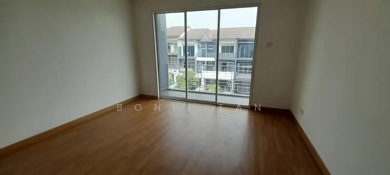 Room features: laminate flooring, white painted walls, floor-to-ceiling windows, natural light, view of neighboring buildings.