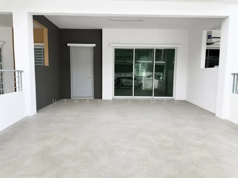 Room features: grey accent wall, white painted walls, sliding glass door, floor-to-ceiling windows, concrete flooring, recessed lighting, door with handle, open layout; style: modern.