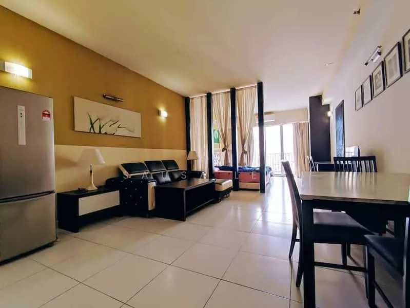 Living features: white painted walls, cream accent wall, tile flooring, 3-seater black leather sofa, 2-seater black leather sofa, glass coffee table, dining table with 4 black chairs, floor-to-ceiling windows with sheer curtains, refrigerator, wall-mounted artwork, decorative lamps, open layout; style: modern; view: city.