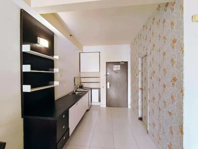 Kitchen features: white cabinetry with black countertop, single-bowl stainless-steel sink, chrome pull-down faucet, built-in kitchen appliances, wall-mounted shelves, floral wallpaper, tile flooring, recessed lighting; style: modern. Room features: door leading to hallway, light-colored walls, tile flooring.