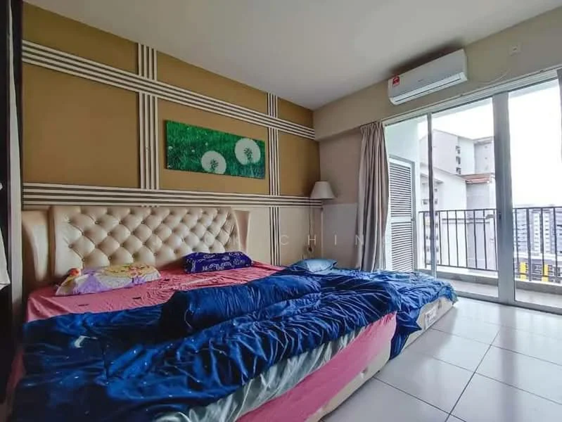 Bedroom features: king-size bed with upholstered headboard, bedding in blue and pink, floor-to-ceiling windows, sliding glass door, curtains, air conditioning unit, decorative wall art, cream painted walls, tile flooring, lamp on bedside table; style: modern; view: city.