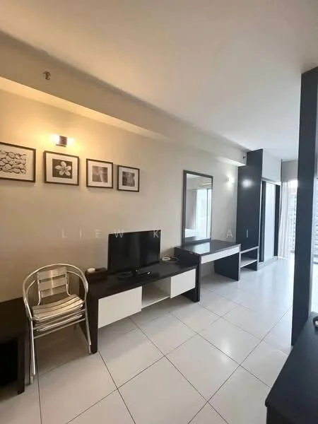 Living features: white painted walls, tile flooring, recessed downlights, wall-mounted TV, black TV console, white side table, mirror, framed artwork, sliding glass door, floor-to-ceiling windows, sheer curtains, metal chair; style: modern; view: city.