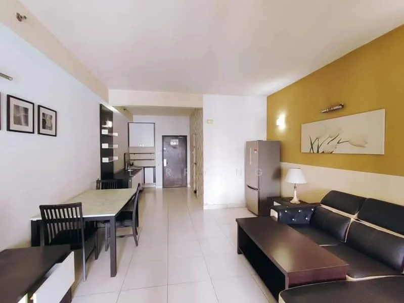 Living features: black leather sofa, coffee table, dining table with 4 chairs, refrigerator, white walls, accent wall in mustard yellow, wall-mounted light fixtures, tile flooring, framed artwork on walls, open layout, built-in shelving unit; style: modern.