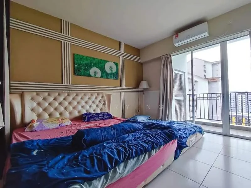 Bedroom features: king-size bed with upholstered headboard, bedding in blue and pink, floor-to-ceiling windows, sliding glass door, curtains, air conditioning unit, decorative wall art, white tiled flooring; style: modern; view: city.