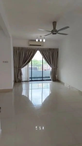 Living features: white painted walls, polished ceramic tile flooring, 5-blade ceiling fan with light, recessed LED downlights, floor-to-ceiling sliding glass door, sheer curtains, balcony view, air conditioning unit; style: modern; view: garden.