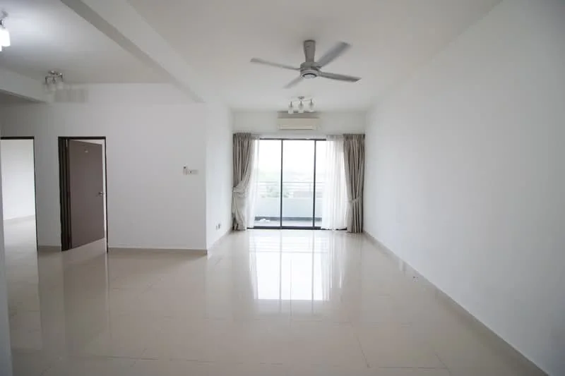 Living features: white painted walls, polished ceramic tile flooring, 5-blade ceiling fan with light, floor-to-ceiling sliding glass door, sheer curtains, recessed downlights, air conditioning unit, large window with city view; style: modern; view: city.
