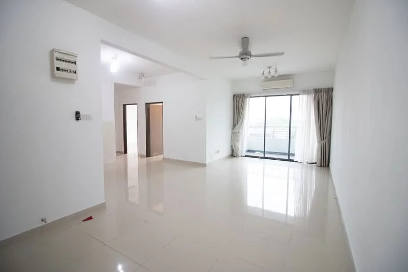 Living features: white painted walls, polished ceramic tile flooring, 5-blade ceiling fan with light, floor-to-ceiling sliding glass door, sheer curtains, air conditioning unit, recessed downlights, neutral color scheme; style: modern; view: city. Room features: white painted walls, polished ceramic tile flooring, doorway leading to other rooms.