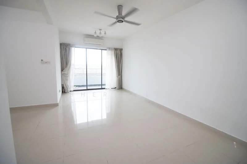 Living features: white painted walls, glossy ceramic tile flooring, 5-blade ceiling fan with light, floor-to-ceiling sliding glass door, sheer curtains, air conditioning unit, recessed downlights; style: modern; view: city.