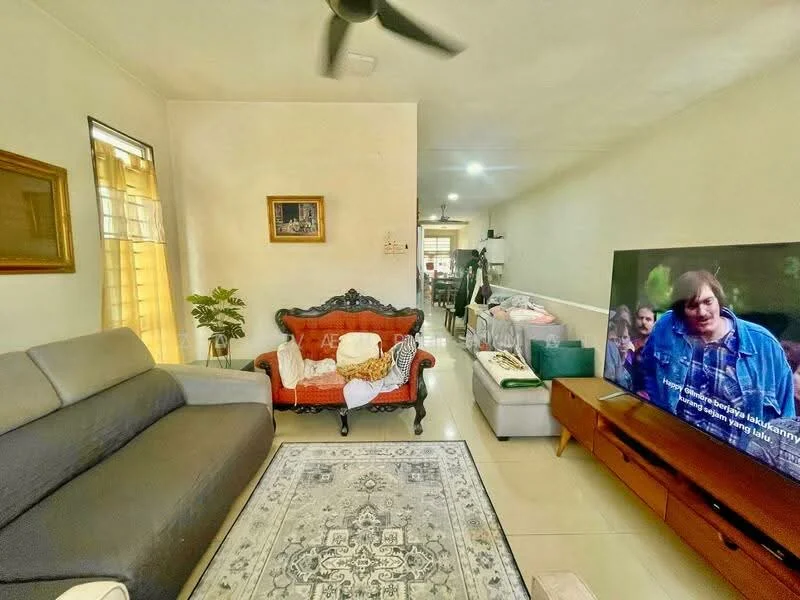 Living features: 3-seater fabric sofa in grey, 2-seater vintage sofa with ornate frame in red, area rug with intricate pattern, wall-mounted TV, wooden TV console, ceiling fan, painted walls in neutral color, large window with sheer curtains, decorative wall artwork, light-colored tiled flooring; style: modern.