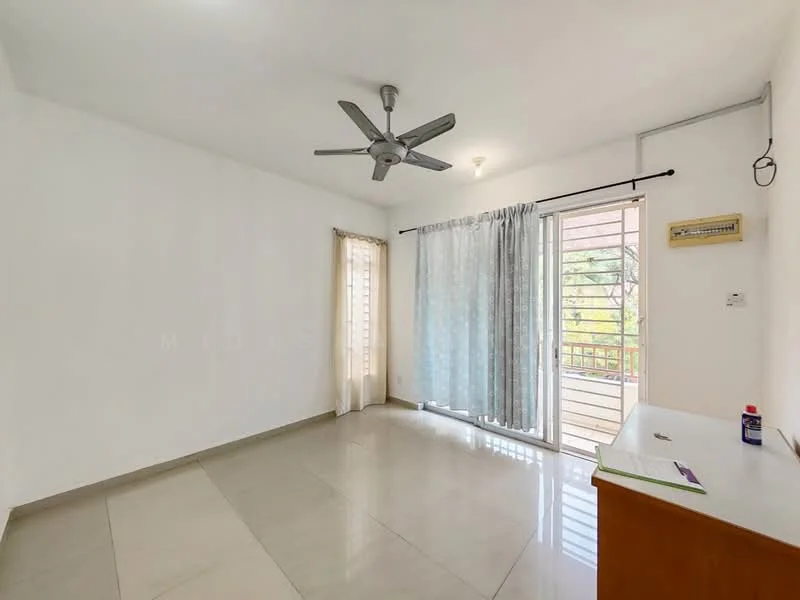 Living features: white painted walls, polished ceramic tile flooring, 5-blade ceiling fan with light, sliding glass door, sheer curtains, window with view of greenery, light fixture, wooden console table; style: modern; view: garden.