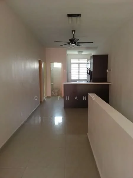 Room features: white painted walls, glossy tile flooring, 5-blade ceiling fan, recessed downlights, open layout, kitchen area visible, doorway leading to bathroom, window with natural light; style: modern.