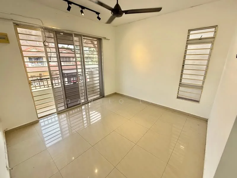Room features: white painted walls, glossy ceramic tile flooring, ceiling fan, sliding glass door, horizontal louvered windows, natural light from windows, neutral color scheme, open layout; style: modern.