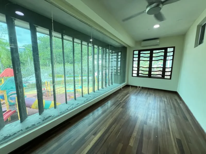 Room features: wooden flooring, large glass windows, ceiling fan, air conditioning unit, neutral wall color, playground view, natural light, open layout; style: modern; view: playground.