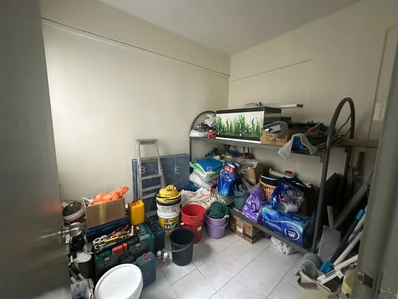 Room features: white painted walls, tile flooring, shelving unit, various storage boxes, cleaning supplies, buckets, ladder, television, plastic containers, garden tools.