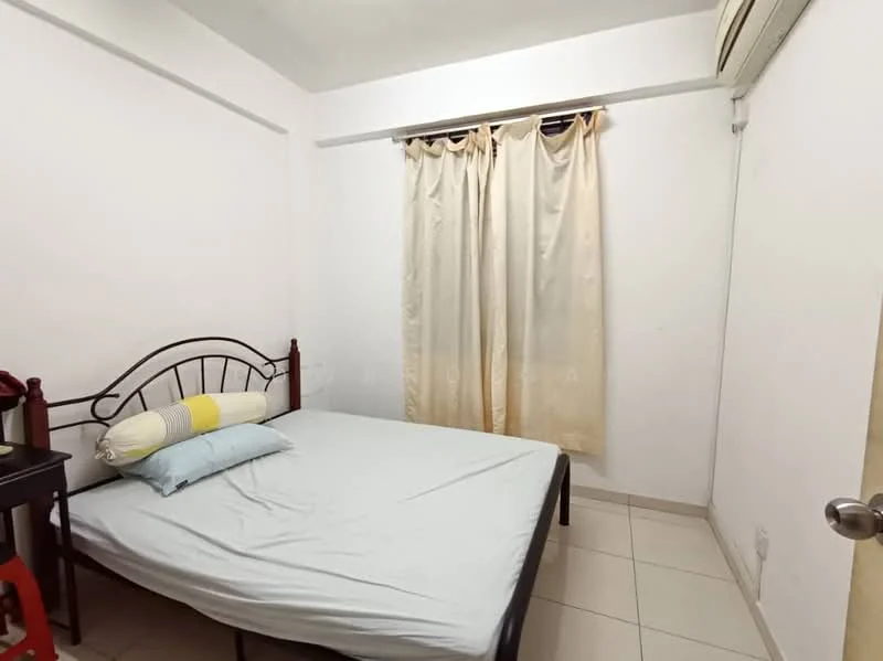 Bedroom features: single bed, white painted walls, tile flooring, curtains, air conditioning unit, bedside table, pillow, blanket.