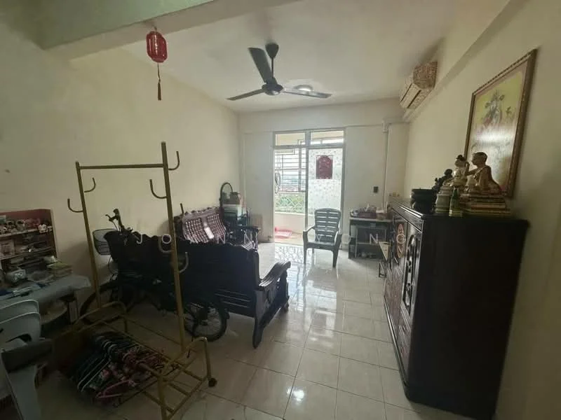 Living features: white painted walls, glossy tile flooring, ceiling fan, sliding glass door, floor-to-ceiling windows, wooden furniture, plastic chairs, decorative wall art, buddha statue, clothes rack, air conditioning unit.