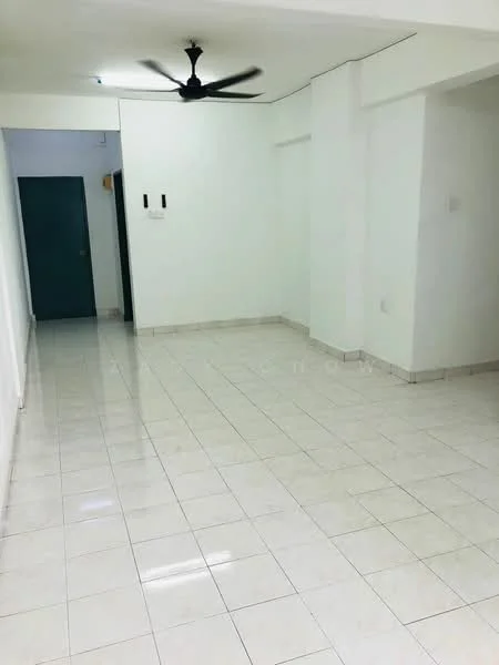 Room features: white painted walls, glossy ceramic tile flooring, ceiling fan, recessed lighting, open layout, no visible furniture, neutral color scheme, corner entry door; style: modern.