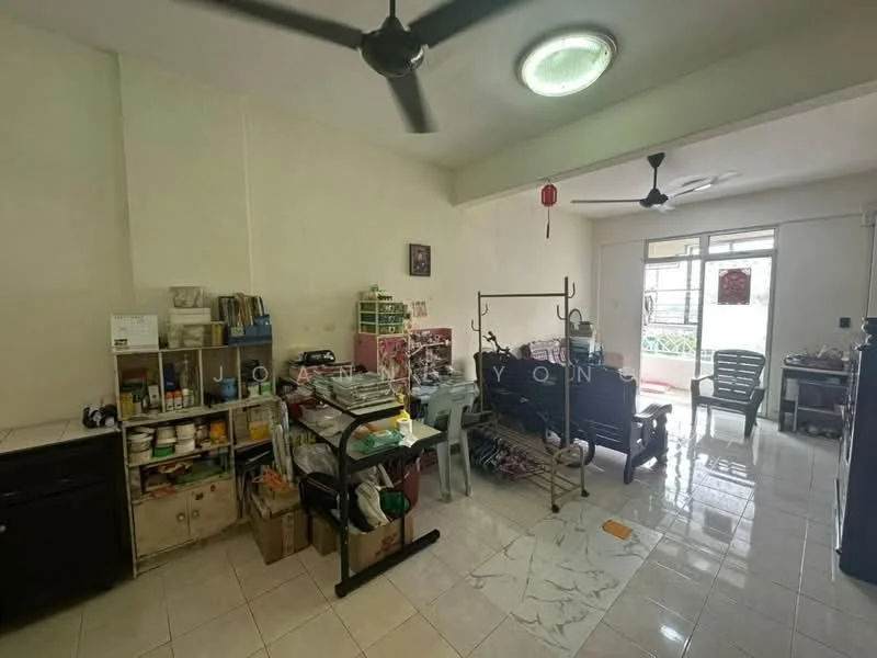 Room features: white painted walls, glossy tile flooring, ceiling fan, floor-to-ceiling windows, natural light from windows, open layout, various furniture pieces, shelves with items, dining chairs, small dining table, sofa, decorative items, clothes rack; style: modern; view: garden.