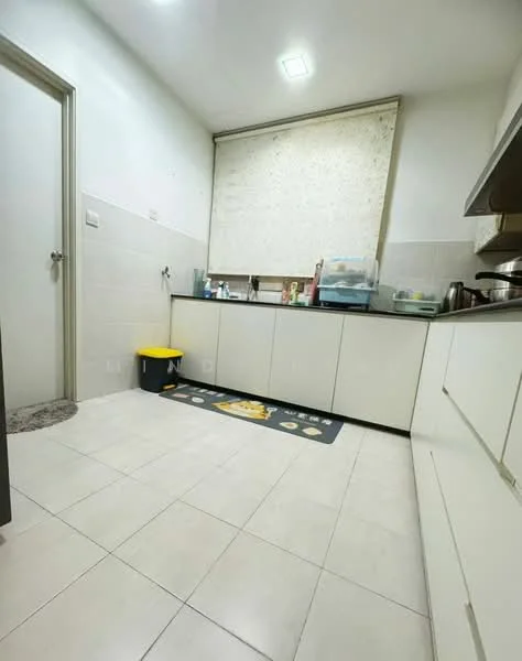 Kitchen features: white cabinetry, black countertop, ceramic tile flooring, single-bowl stainless-steel sink, chrome pull-down faucet, window with sheer curtains, wall-mounted storage, kitchen rug, yellow trash bin; style: modern.