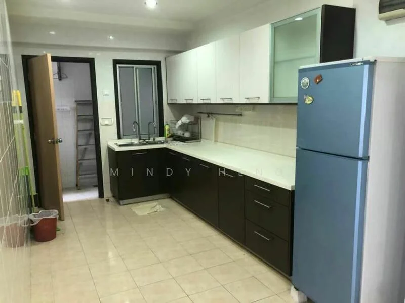 Kitchen features: white upper cabinets, dark wood lower cabinets, ceramic tile flooring, white countertop, stainless-steel sink, chrome pull-down faucet, built-in oven, freestanding fridge in light blue, wall-mounted split AC, window with sliding glass door, light fixtures, open shelving, kitchen utensils on countertop; style: modern.