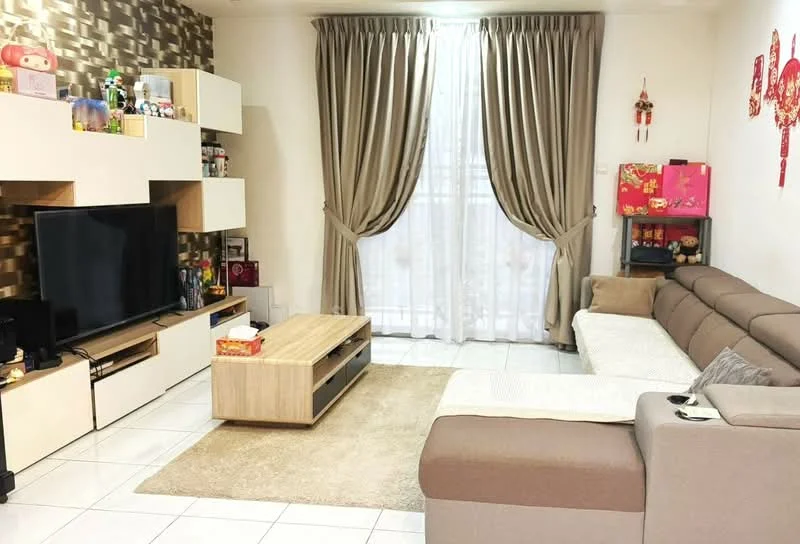 Living features: L-shape sectional sofa in beige and brown, coffee table with storage, wall-mounted TV, TV console with drawers, cream area rug, white painted walls, gold accent wall, floor-to-ceiling curtains, decorative wall shelves, houseplants in pots, framed artwork, decorative items on shelves; style: modern.