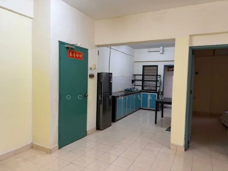 Room features: white painted walls, cream tiled flooring, single door, green door, refrigerator, kitchen cabinetry in blue, open kitchen layout, wall-mounted shelving, light fixtures, window, countertop, dining table, seating area; style: modern.