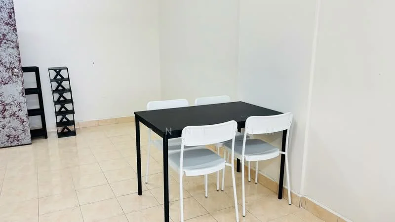 Dining features: square black dining table, 4 white plastic dining chairs, cream tiled flooring, plain white walls, wine rack, minimalist decor; style: modern.
