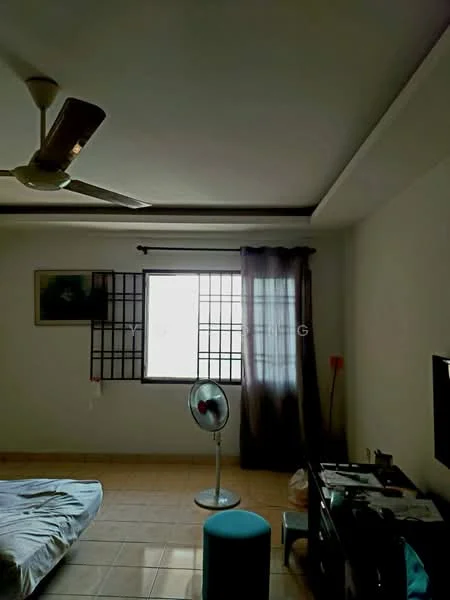Room features: ceiling fan, window with grid pattern, curtains, tile flooring, wall-mounted TV, bed with mattress, small round stool, standing fan, wooden furniture, light-colored walls, decorative artwork, recessed ceiling; style: minimalist.
