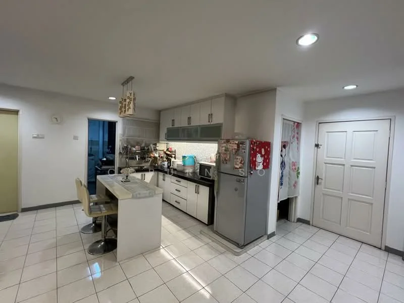 Kitchen features: white cabinetry, grey countertop, single-bowl stainless-steel sink, chrome pull-down faucet, built-in oven, freestanding range oven, microwave, stainless-steel refrigerator, bar stools, tile flooring, recessed downlights, wall-mounted cabinets, decorative wall hanging, open shelving; style: modern.