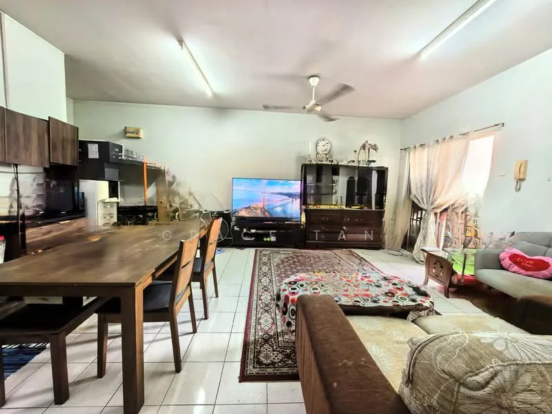 Living features: 3-seater fabric sofa in beige, 2-seater fabric sofa in grey, coffee table, TV console, wall-mounted TV, area rug with geometric pattern, dining table with 6 chairs, ceiling fan, white painted walls, tile flooring, curtains, decorative wall clock, shelves with decorative items; style: modern.