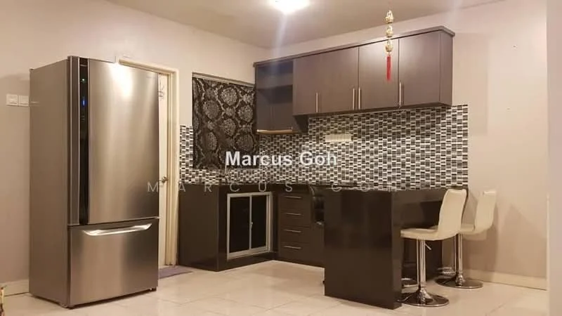 Kitchen features: stainless-steel fridge, black cabinetry, grey mosaic tile backsplash, white countertop, bar stools, built-in oven, kitchen cabinet with glass door, tile flooring, window with patterned curtain; style: modern.
