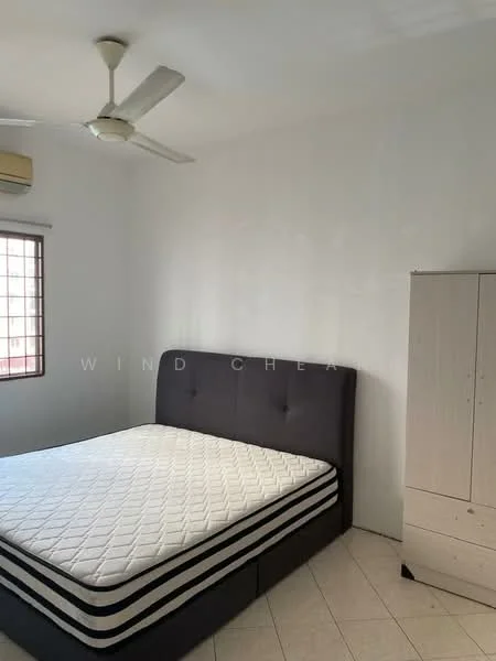 Bedroom features: queen-size bed, upholstered headboard, ceiling fan, window with grid, light-colored walls, tile flooring, built-in wardrobe.