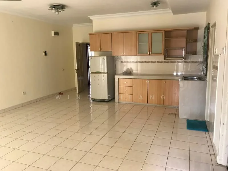 Kitchen features: white painted walls, cream tiled flooring, ceiling with recessed lights, wooden cabinetry, stainless-steel fridge, stainless-steel sink, chrome pull-down faucet, countertop with backsplash, built-in stove, open layout, window for natural light; style: modern.