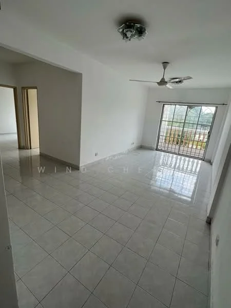 Living features: white painted walls, glossy ceramic tile flooring, 5-blade ceiling fan, recessed downlights, large sliding glass door, floor-to-ceiling windows, balcony access, natural light from windows; style: modern; view: garden.