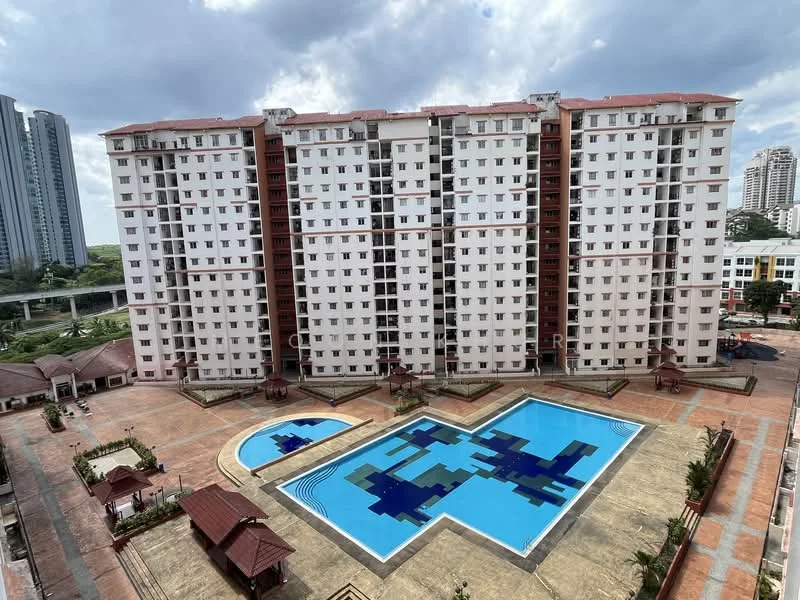 Exterior type: mid-rise condominium; features: swimming pool, pool deck, landscaped garden, multiple balconies, red tiled roof, white painted facade, surrounded by greenery, parking area, outdoor seating pavilions; style: modern.