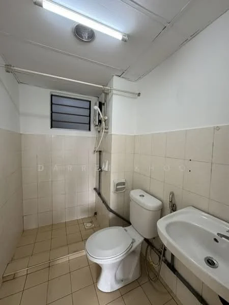 Bathroom features: white tiled walls, cream tiled flooring, one-piece toilet, wall-mounted basin, chrome basin mixer faucet, shower with wall-mounted showerhead, exhaust fan, window for natural light.