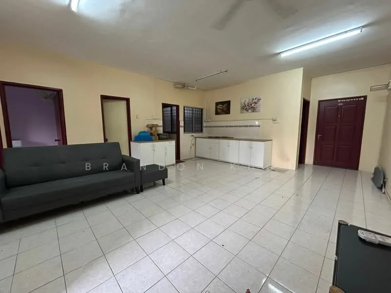 Living features: grey fabric sofa, white tiled flooring, cream painted walls, ceiling lights, built-in cabinetry, open layout, window with grille, doorway to adjacent rooms.