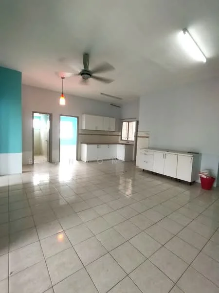 Kitchen features: white cabinetry, ceramic tile flooring, light blue accent wall, recessed ceiling lights, ceiling fan, single-bowl stainless-steel sink, countertop with backsplash, window for natural light, open layout, doorway to adjacent rooms; style: modern.