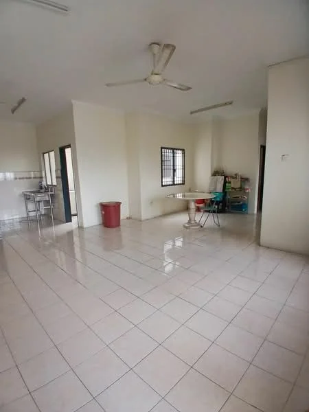 Room features: white painted walls, ceramic tile flooring, ceiling fan, large windows, open layout, dining table, plastic chair, red trash bin, small shelving unit, light source from windows; style: modern.