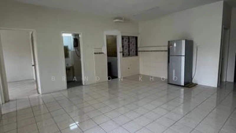 Room features: white painted walls, glossy ceramic tile flooring, recessed ceiling lights, single-door fridge, kitchen area with tiled backsplash, doorways leading to other rooms.