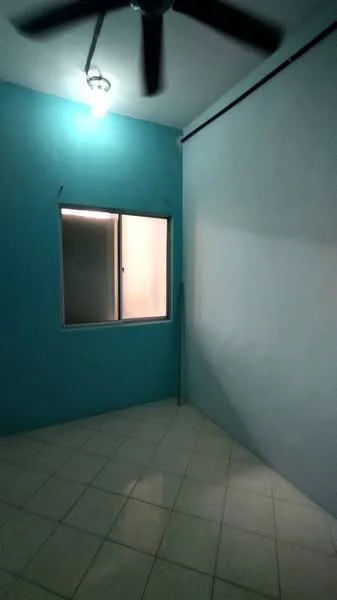 Room features: blue painted walls, white ceiling, ceiling fan, window with no treatments, tiled flooring, corner room, light fixture, single light source.